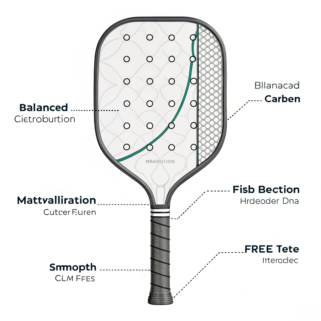 minimalist 2D illustration showing a pickleball paddle cross-section with emphasis on balanced material and reduced vibrations