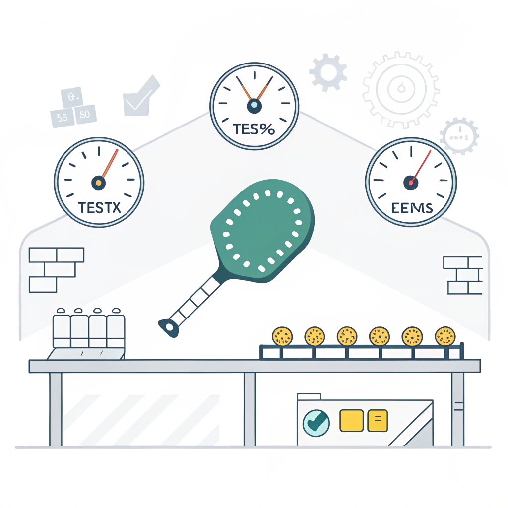 Minimalist illustration showing quality control process with abstract testing icons and a paddle imagery