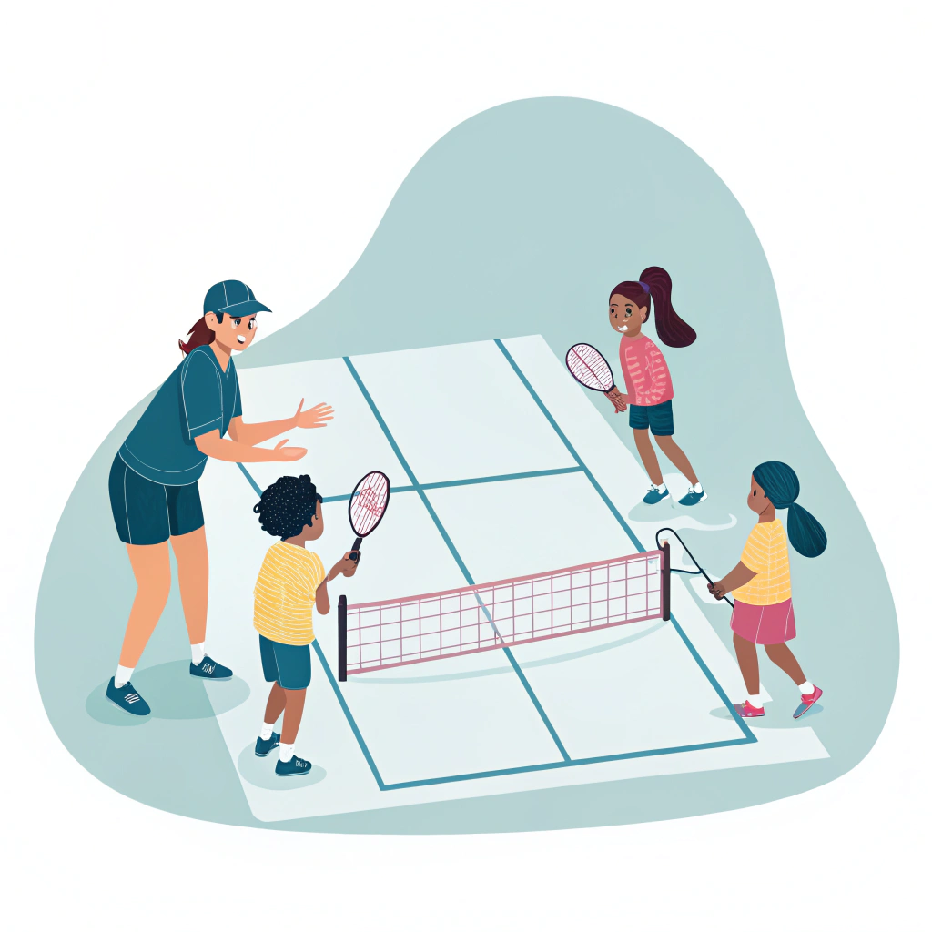 Minimal illustration of a coach instructing kids in a safe pickleball training environment