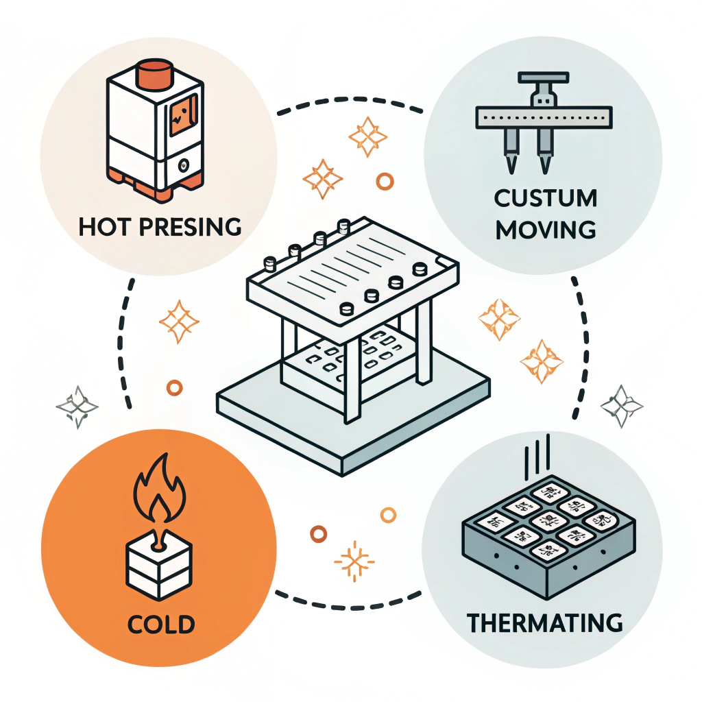 Simplistic flat design of hot pressing, cold pressing, and thermoforming processes