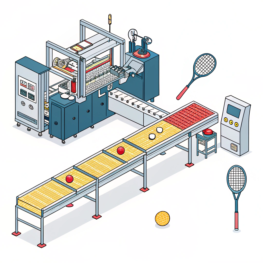 Simplified 2D illustration of a high-tech pickleball paddle manufacturing facility with advanced processes.