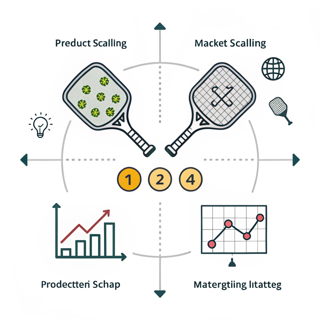 Minimalist 2D illustration of pickleball paddles in a business scaling theme.