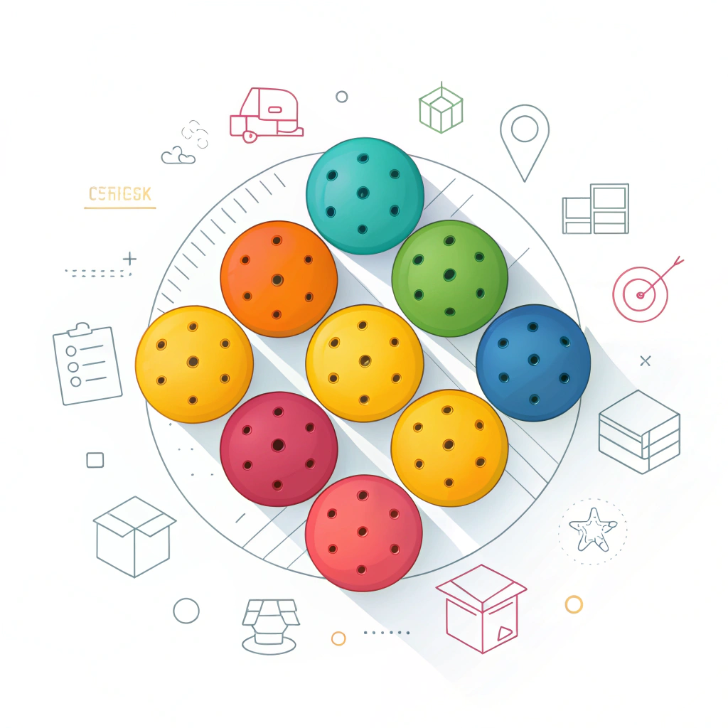Flat, minimalist illustration of colorful pickleball balls with modern supplier icons for efficient sourcing.