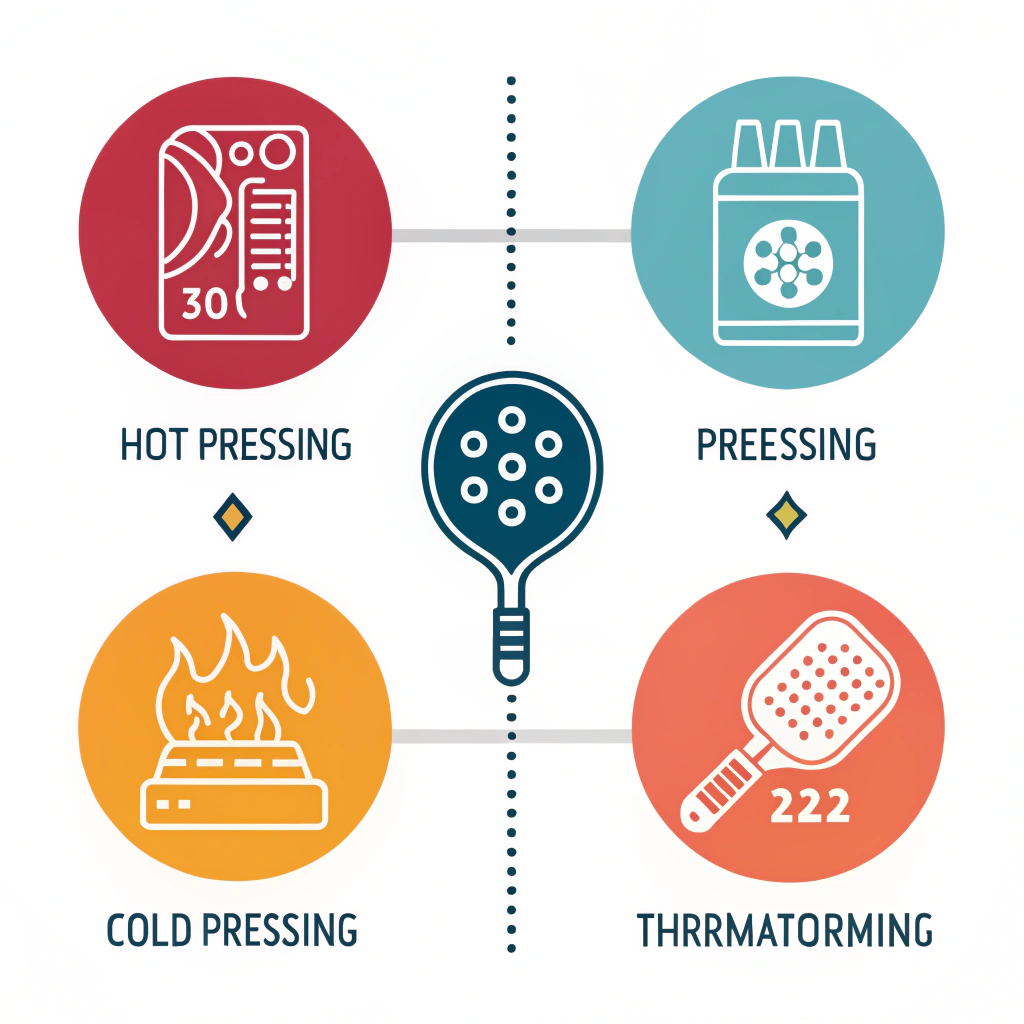 minimalist 2d illustration comparing three advanced production techniques for pickleball paddles