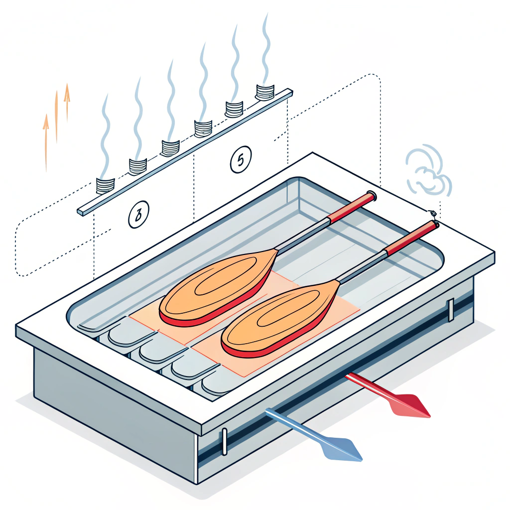 Minimalistic illustration of paddle thermoforming process with heat and mold symbolism