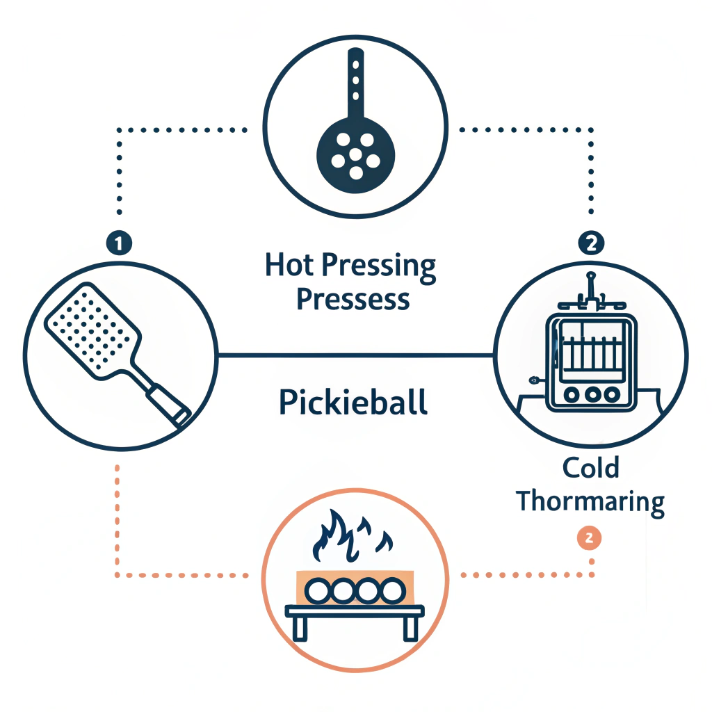 Minimalistic 2D depiction of hot pressing, cold pressing, and thermoforming techniques in paddle manufacturing.