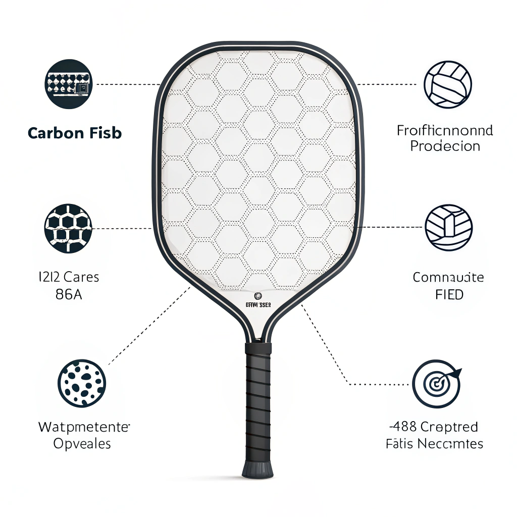 Minimalist 2D illustration of a high-tech pickleball paddle with abstract manufacturing elements