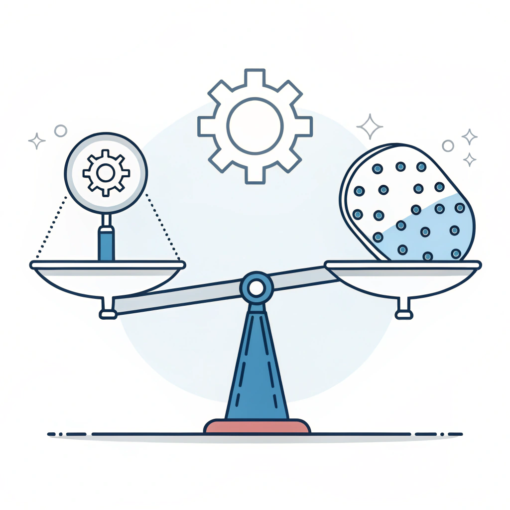 Minimalistic illustration of a balanced scale with a paddle and gear representing production decisions