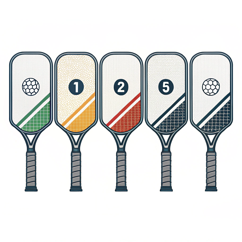 clean 2D lineup of six distinct minimalist pickleball paddles with simple color accents
