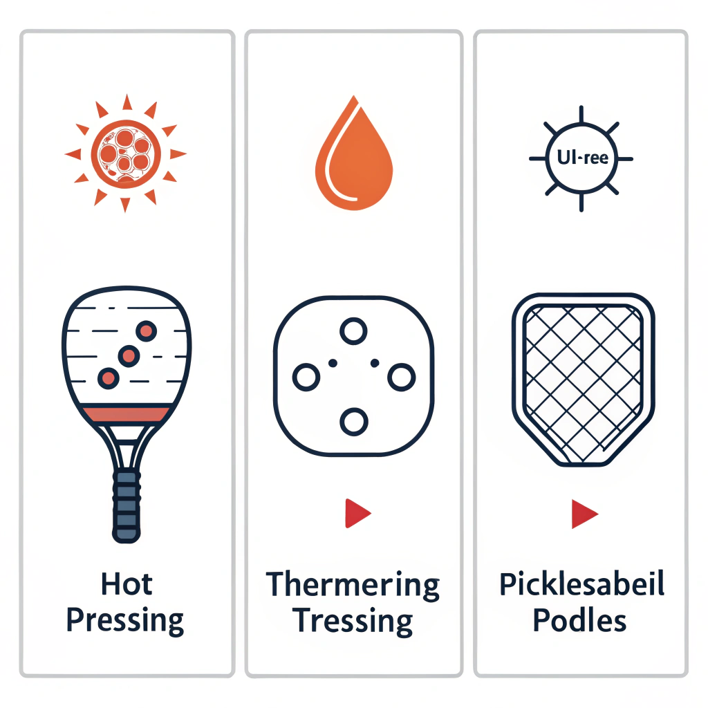 "2D minimalistic illustration showing three production methods for pickleball paddles in separate panels."