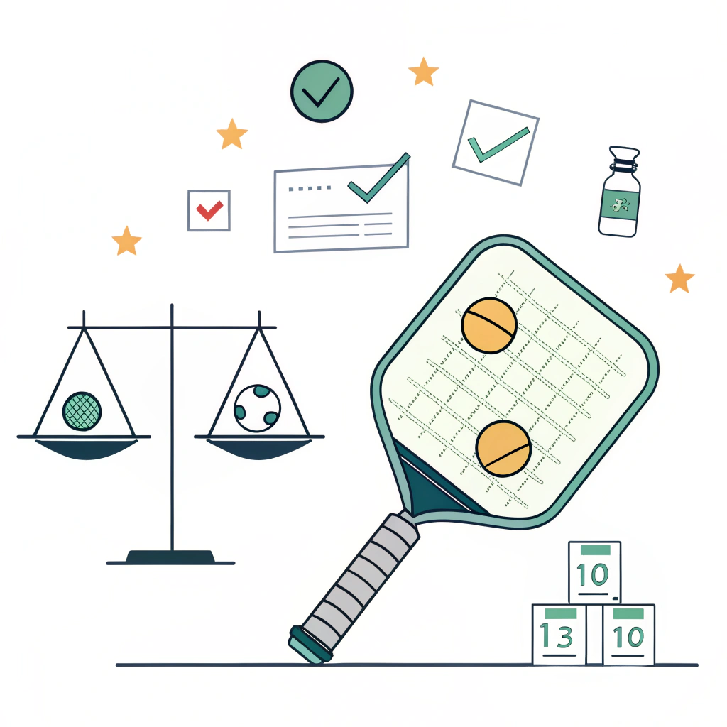 Flat style 2D illustration of quality control testing for a pickleball paddle in a lab setting.