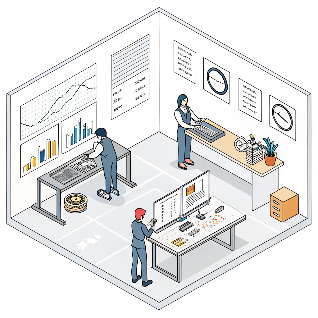 Minimalist 2D illustration of technical material and production comparison.