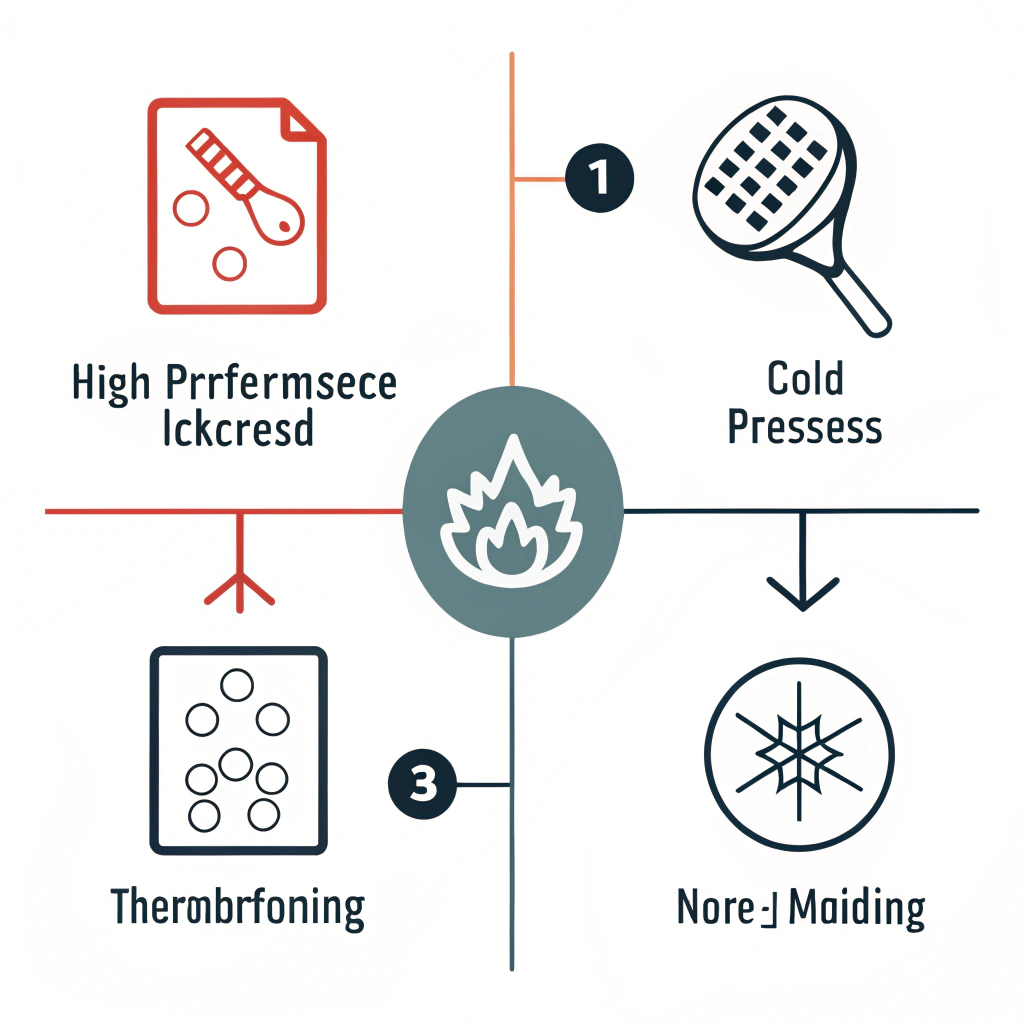 Minimalistic 2D icons illustrating hot pressing, cold pressing, and thermoforming processes.