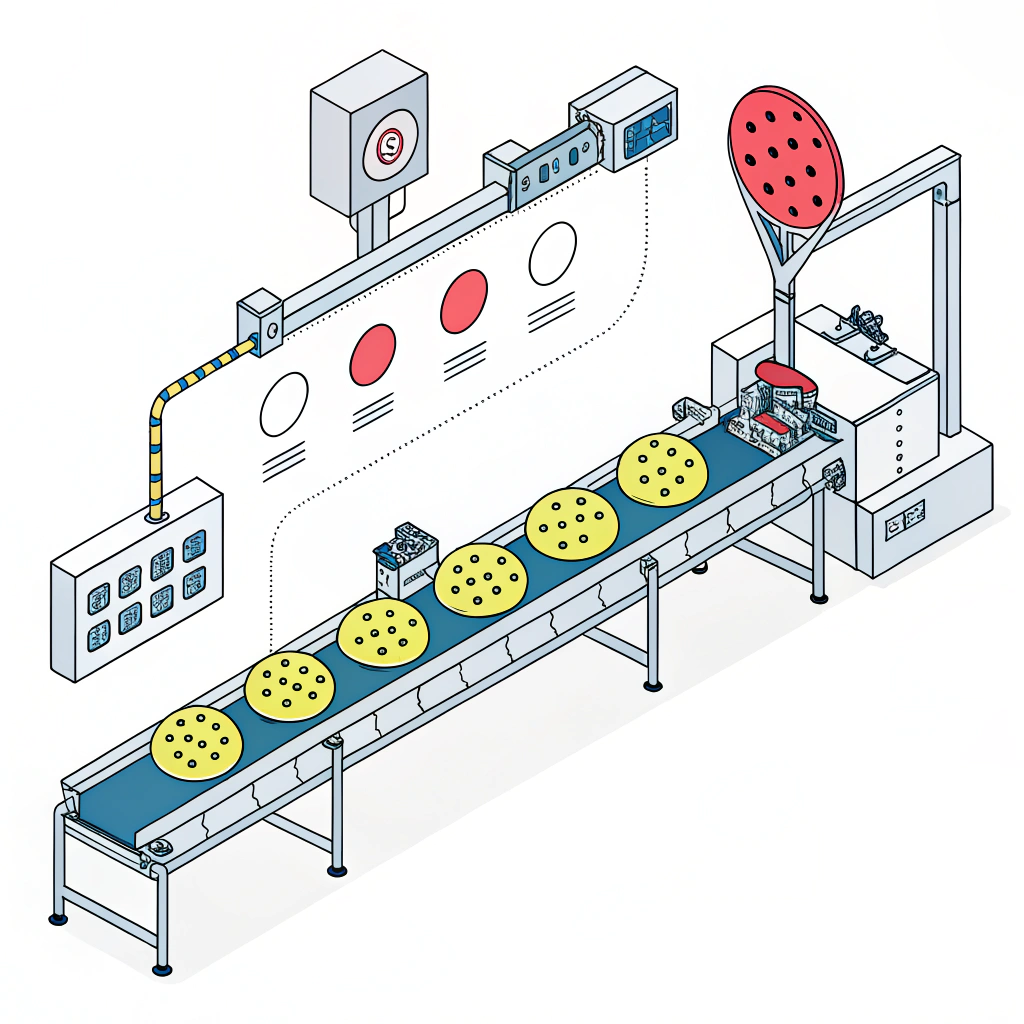 Clean illustration of a production line with pickleball paddles and DTF transfer technology.