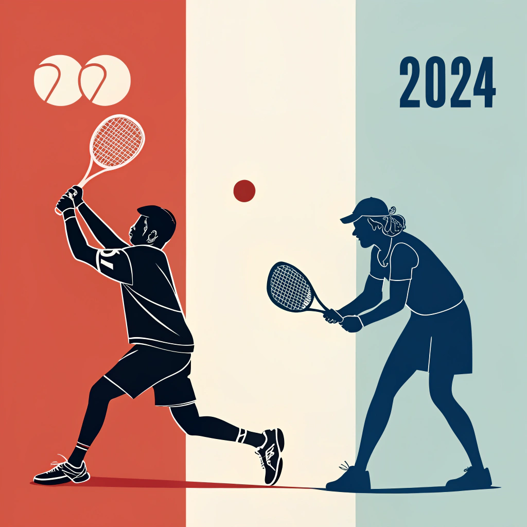 A modern, minimal illustration showing the contrasting styles of tennis and pickleball through symbolic player silhouettes and equipment.
