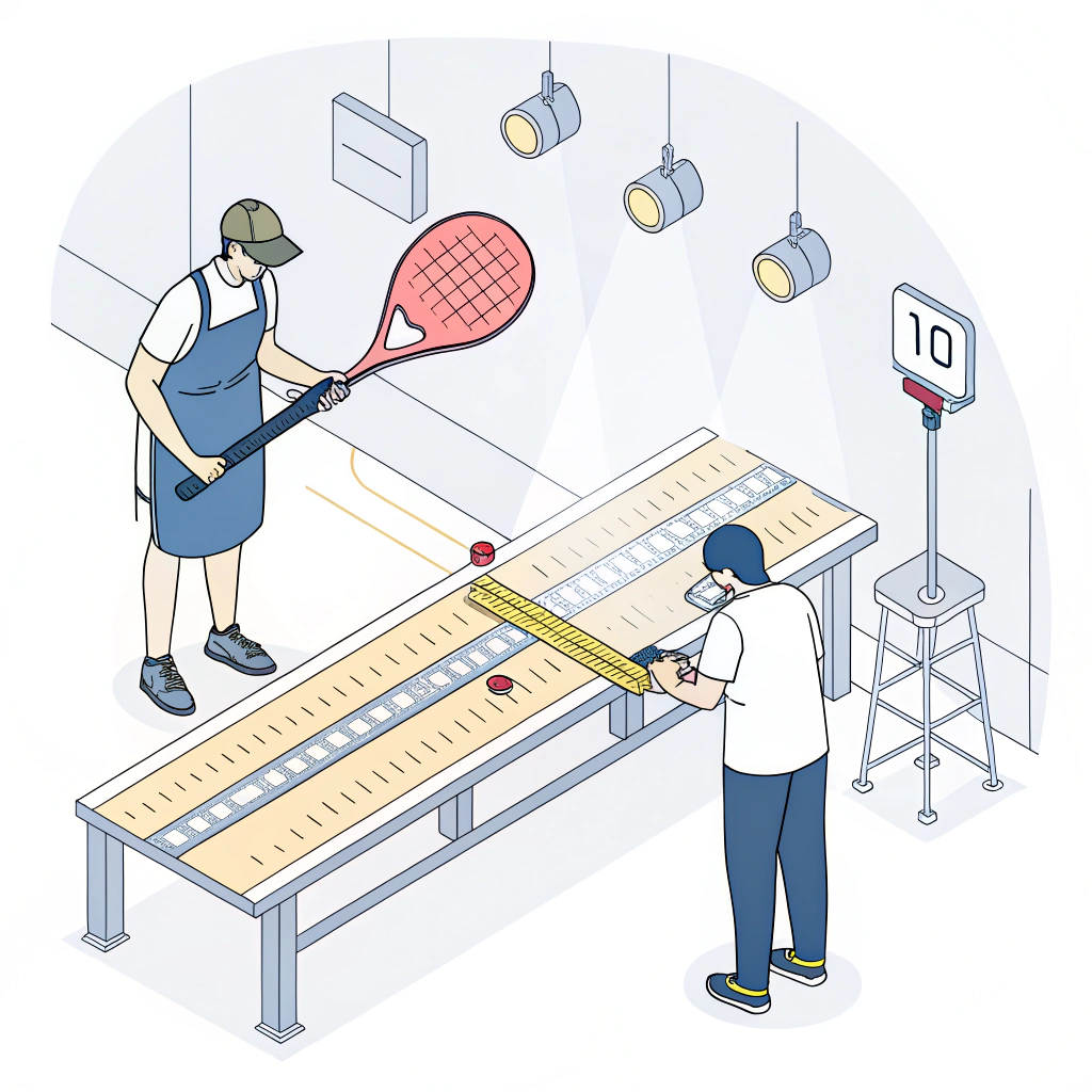 Minimalist depiction of quality inspection in pickleball paddle manufacturing.