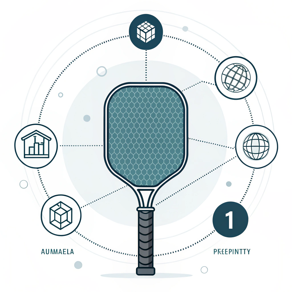 Minimal 2D illustration of futuristic pickleball paddle production and global supply chain dynamics.