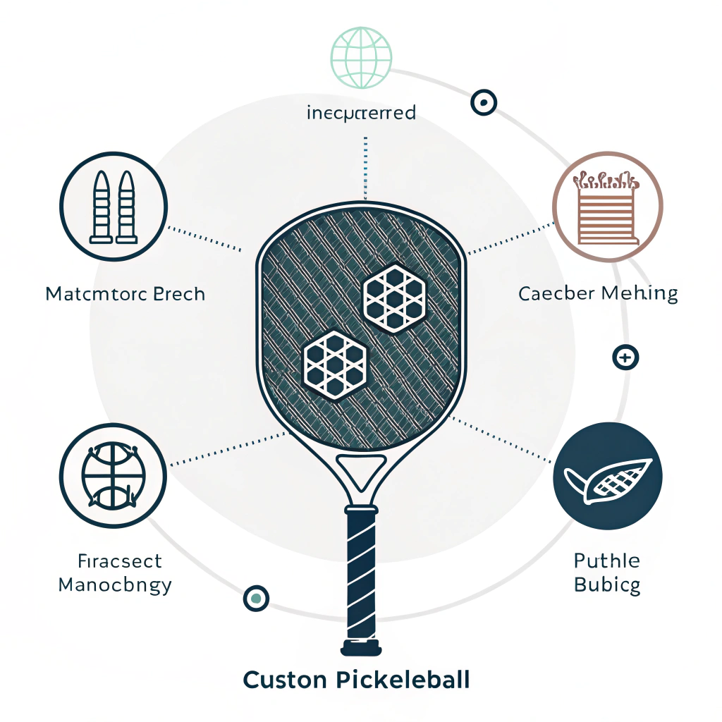 Minimalist 2d illustration of a custom paddle production process with technological elements.