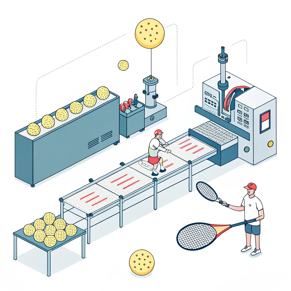 Minimal 2D illustration of advanced pickleball paddle production in a modern, simplified factory setting