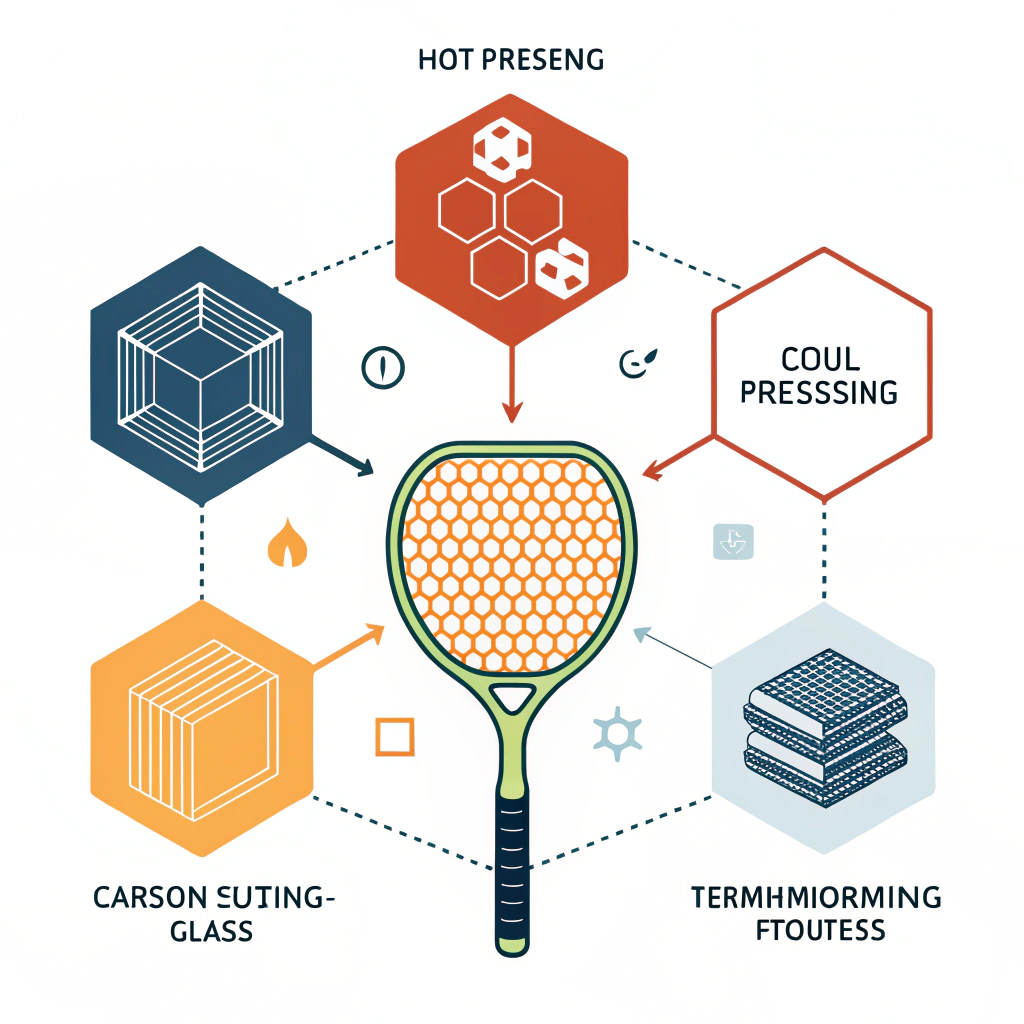 Minimal 2D illustration of abstract pickleball paddle production and quality control.