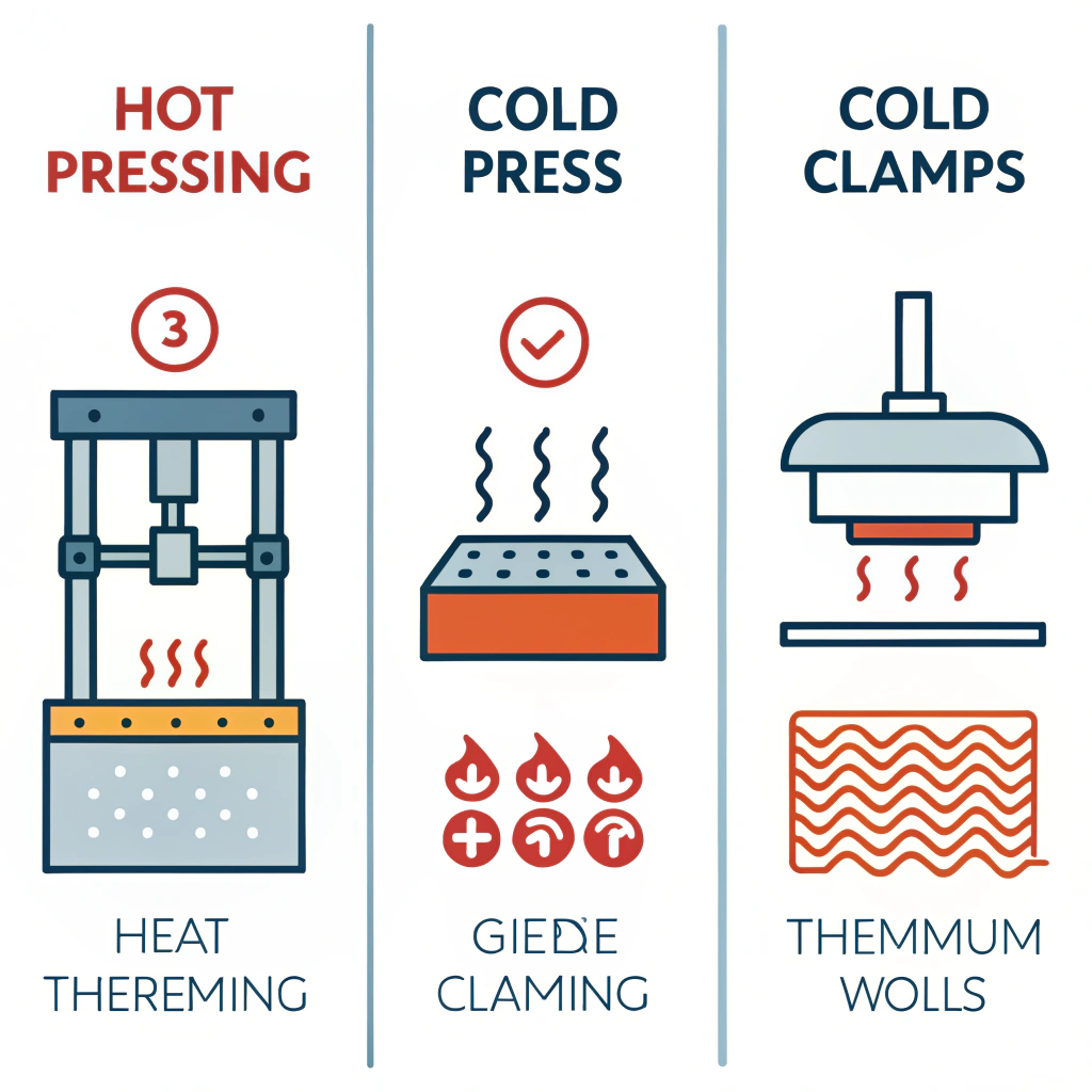 three-panel minimalist illustration of hot pressing, cold pressing, and thermoforming processes