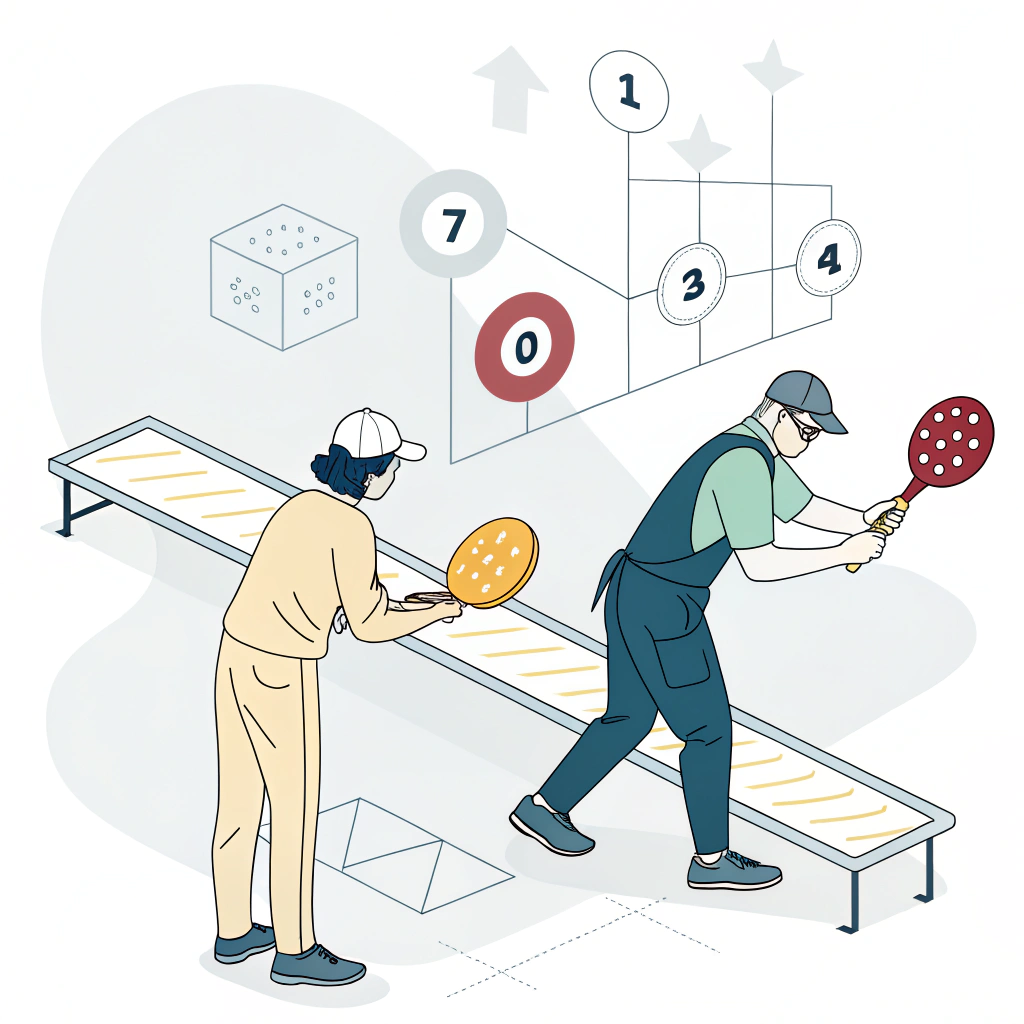Minimalist illustration of quality control and customization in paddle production with abstract design elements.