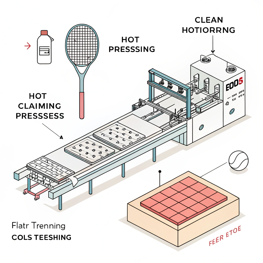 Minimalist 2D illustration of advanced pickleball paddle production process