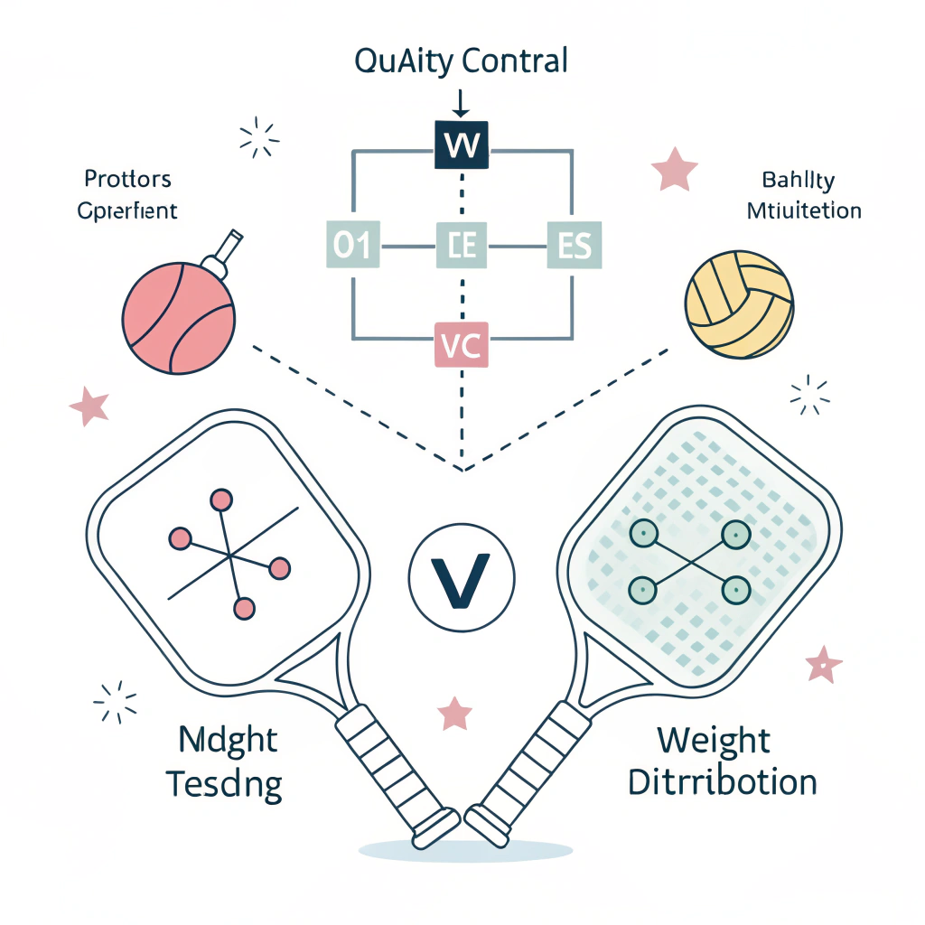 minimalist 2D illustration showing quality control tests for pickleball paddles with clear geometric icons