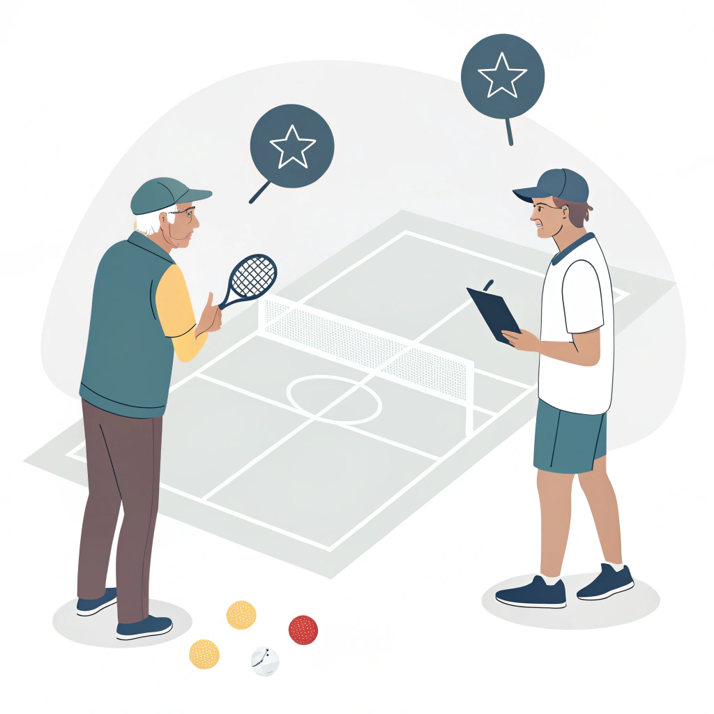 Minimal flat illustration of a coach advising a player with paddle icons on a court