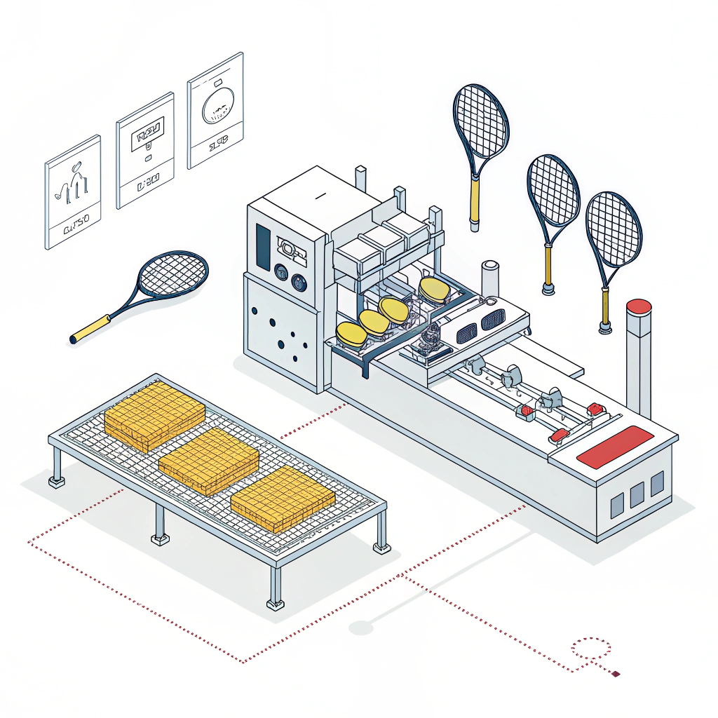Minimal 2D illustration of a modern facility with machines and custom pickleball paddle production.