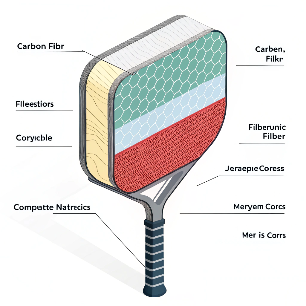 Minimalistic 2D illustration showing layered materials for advanced pickleball paddle construction.