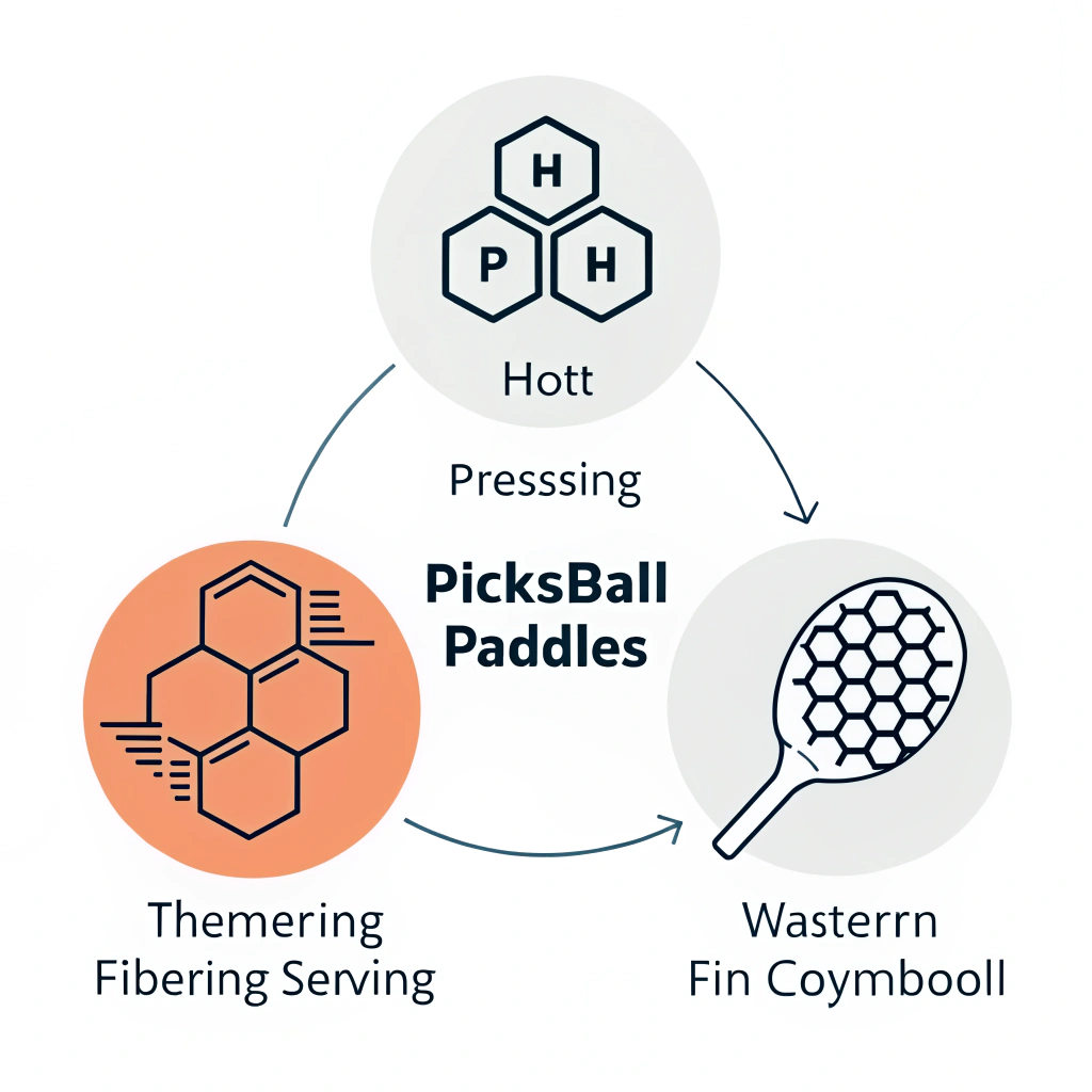 Minimal flat design showing abstract manufacturing processes and material icons for high-performance paddles.