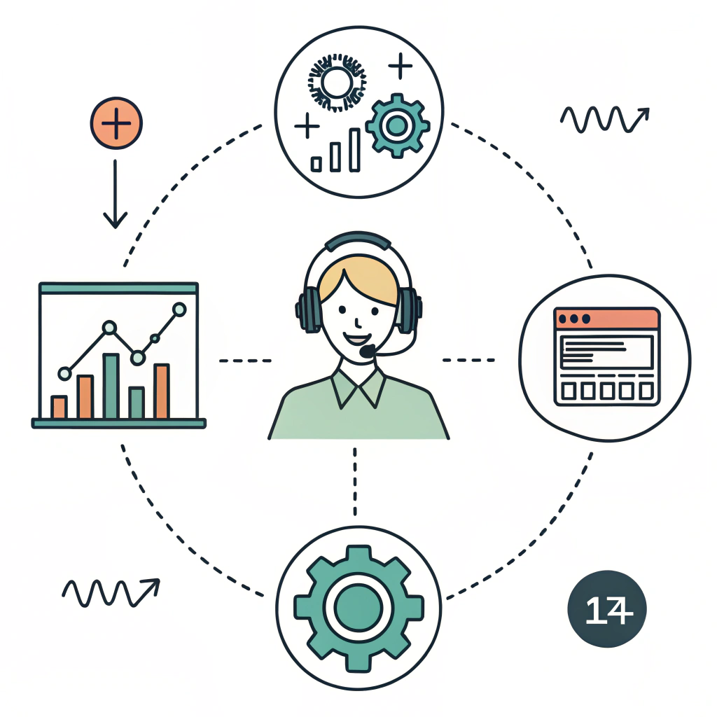 Minimal flat design imagery symbolizing customer service and data analytics in a simple 2D style