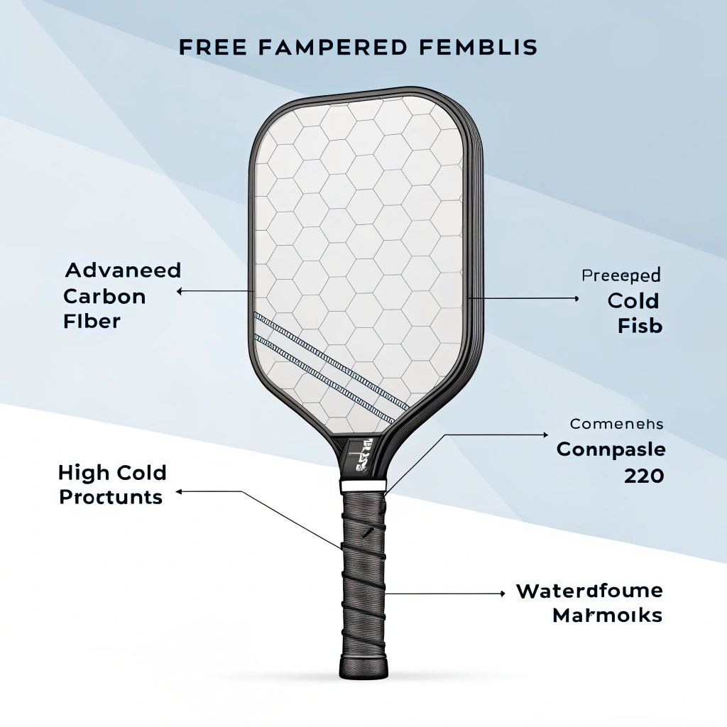 Minimalist 2D illustration of a futuristic pickleball paddle with advanced material design.