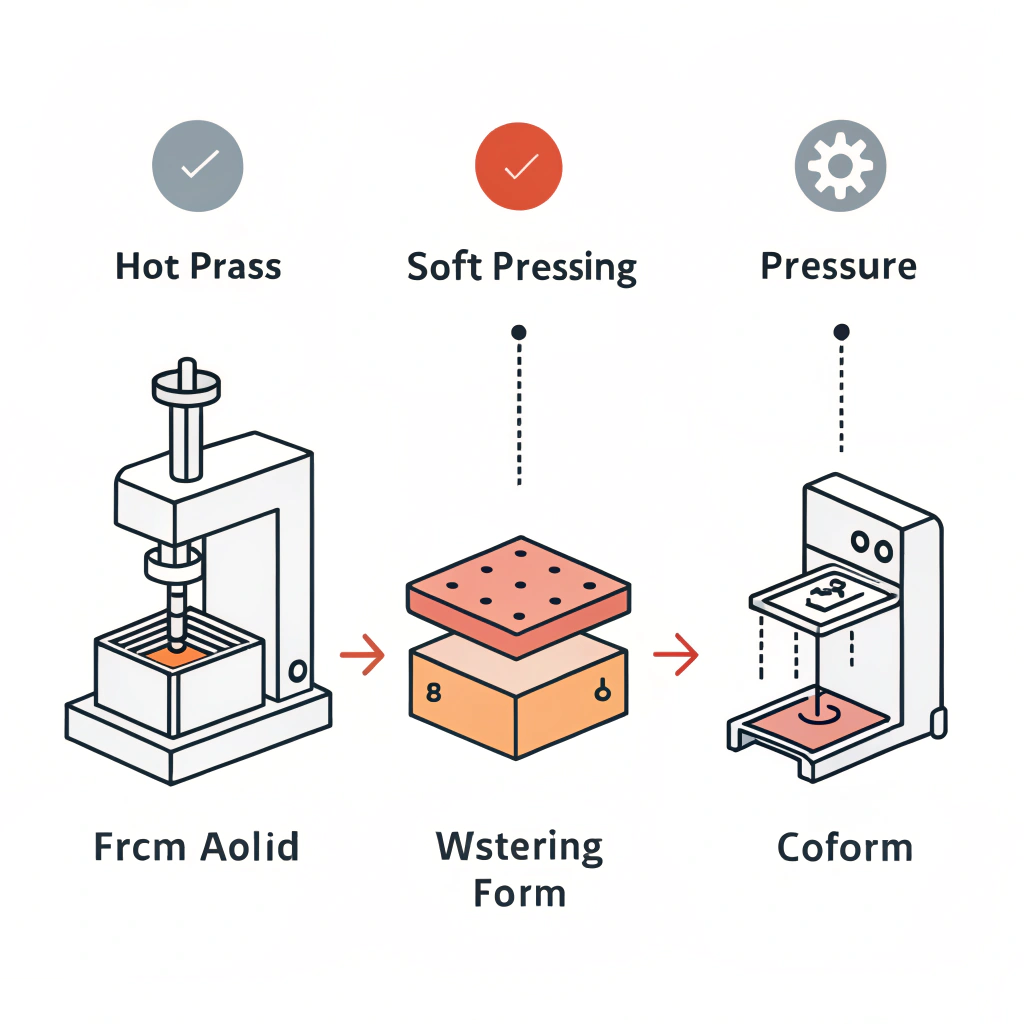 A clean 2D illustration depicting hot pressing, cold pressing, and thermoforming processes in a minimal style.