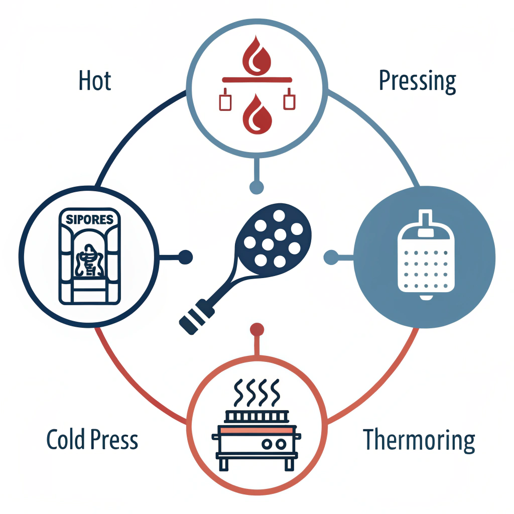 A flat minimalist illustration depicting three distinct manufacturing methods for paddle production.