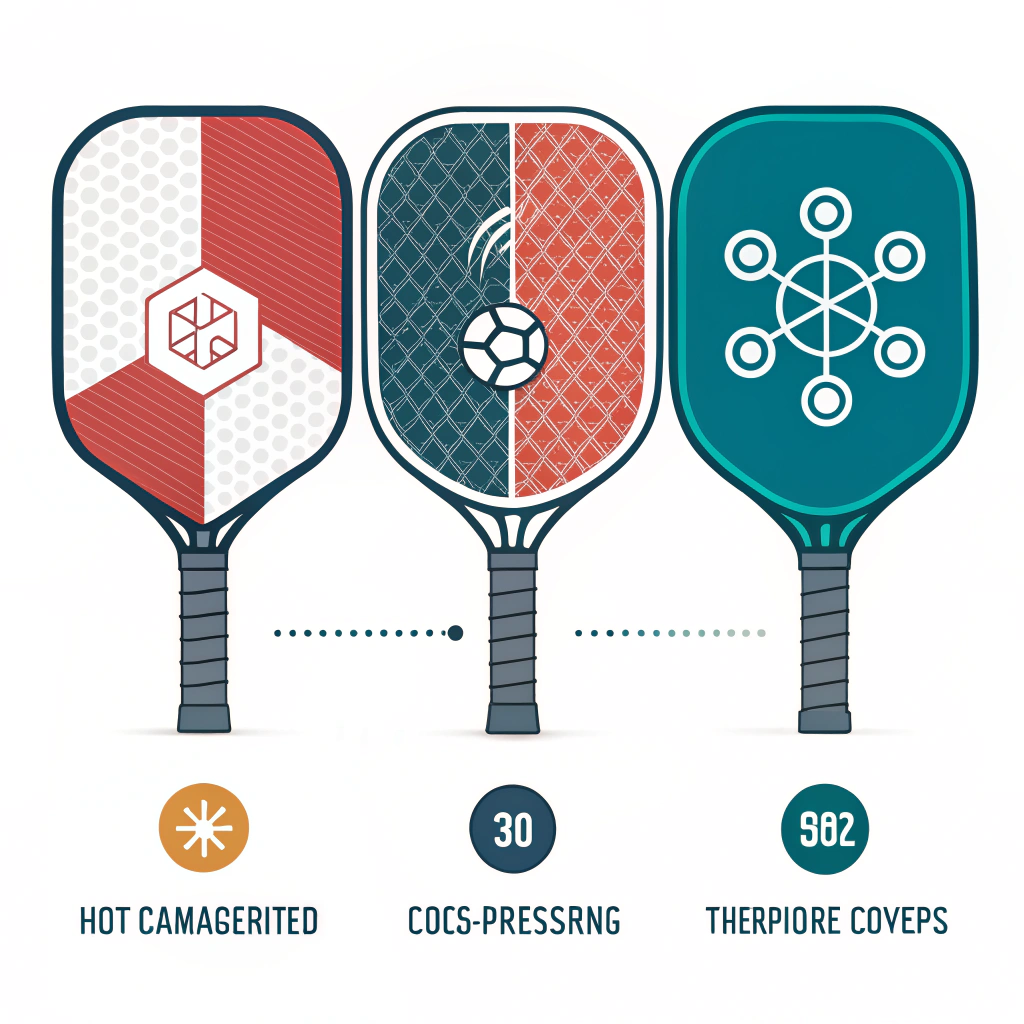 A minimalistic 2D illustration of three modern pickleball paddles with abstract production icons representing technical precision.