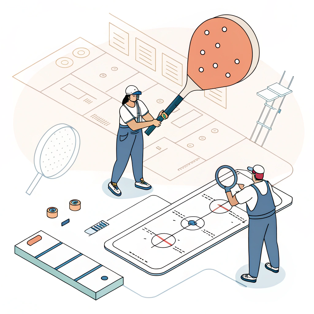 Minimalistic illustration of quality control and testing in pickleball paddle production