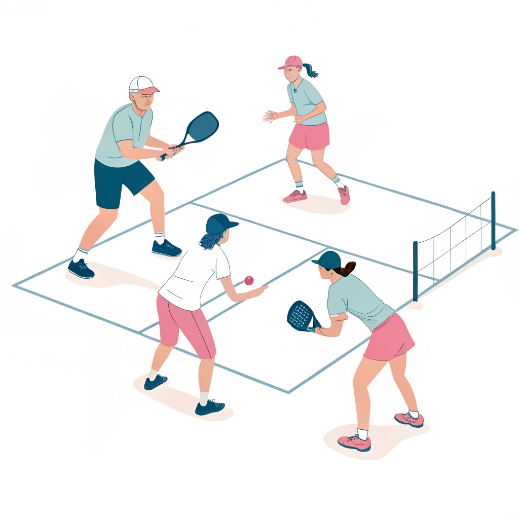 Simple illustration of a coach leading players in a warm-up exercise on a pickleball court