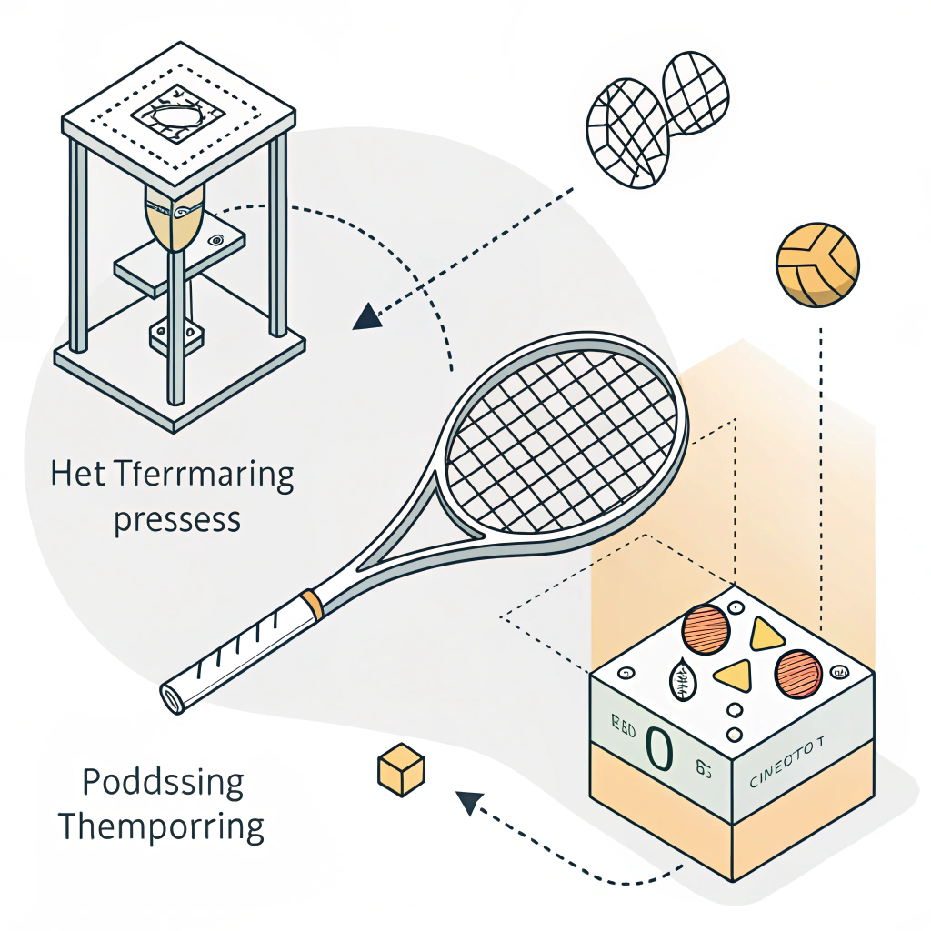 A simple, modern illustration combining tennis and pickleball equipment with abstract technical production elements.