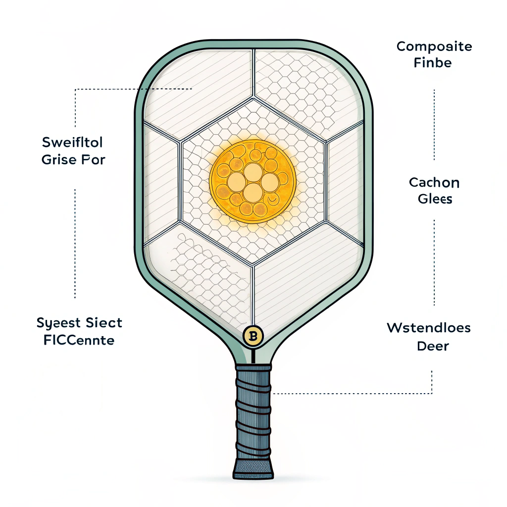 A clean minimalist 2D illustration of a pickleball paddle with a highlighted sweet spot and layered material sections.