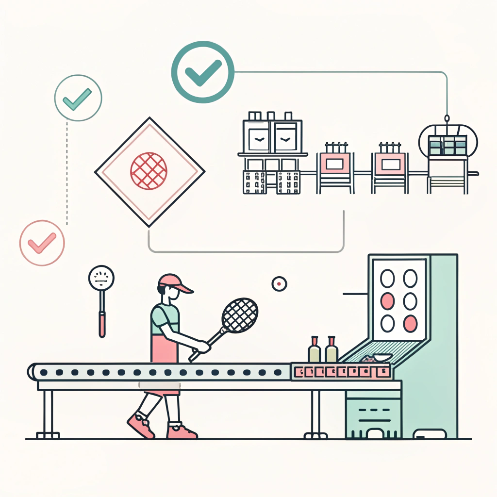 Minimalist illustration capturing a quality testing process in a pickleball paddle factory.