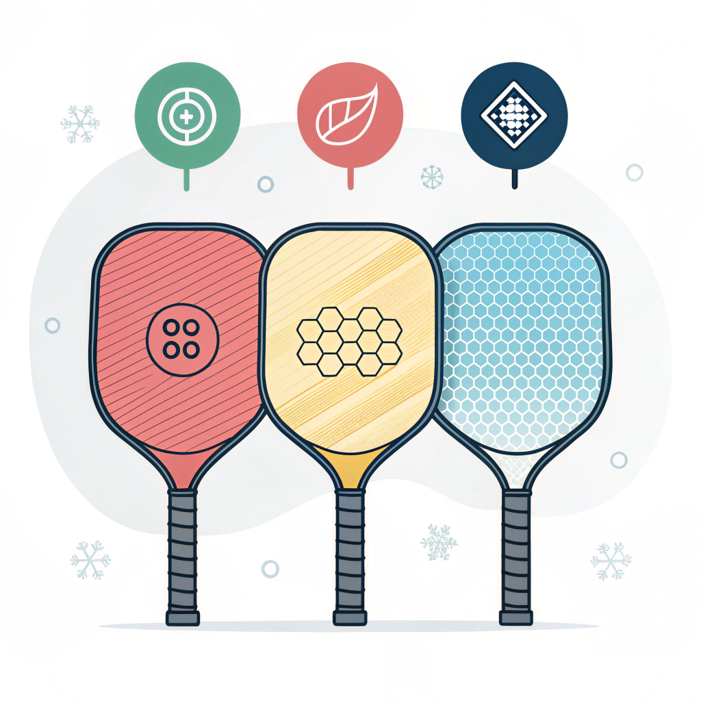 Minimal 2D illustration of three pickleball paddles with abstract process icons and business elements.