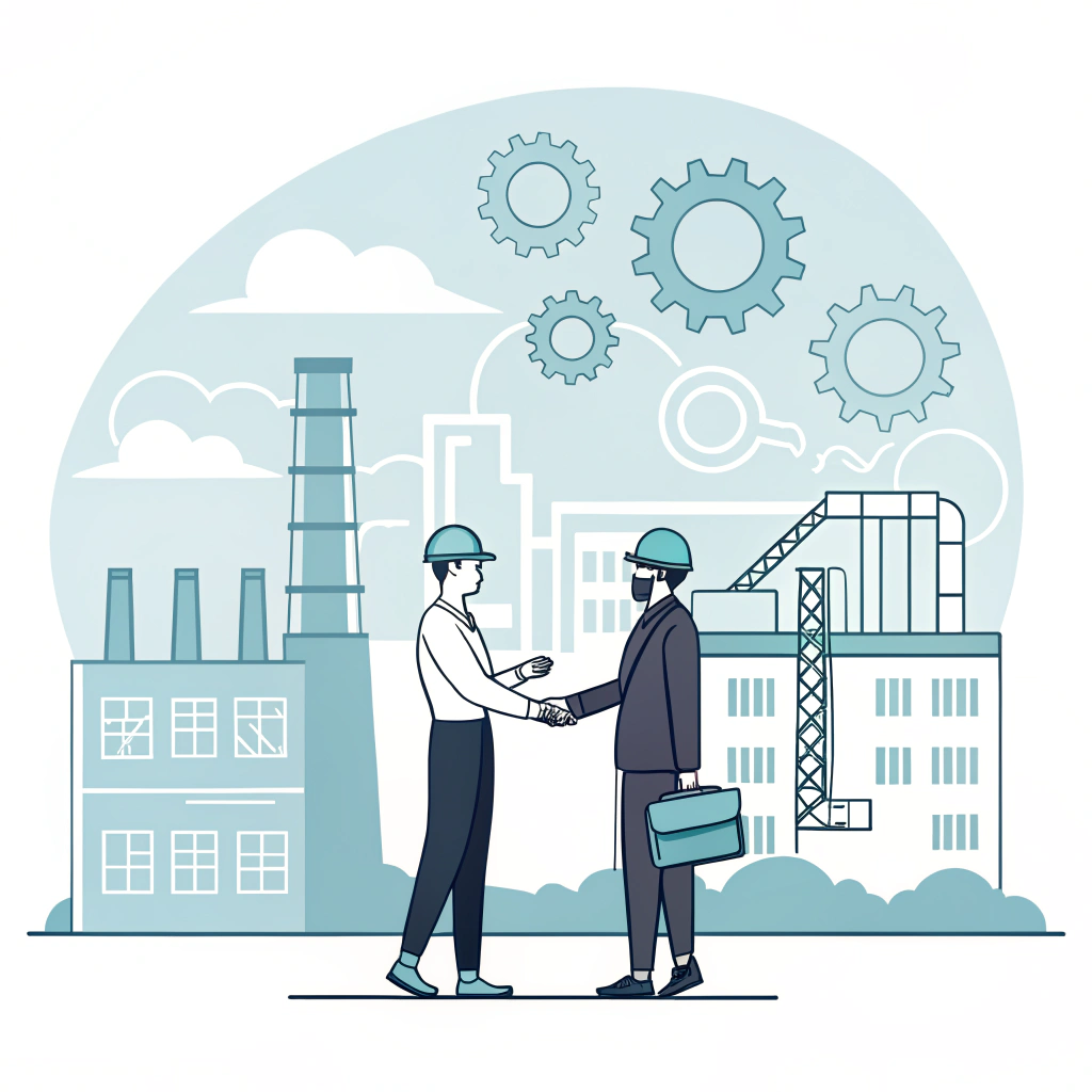 Simplified 2D illustration of a business partnership and quality audit in manufacturing