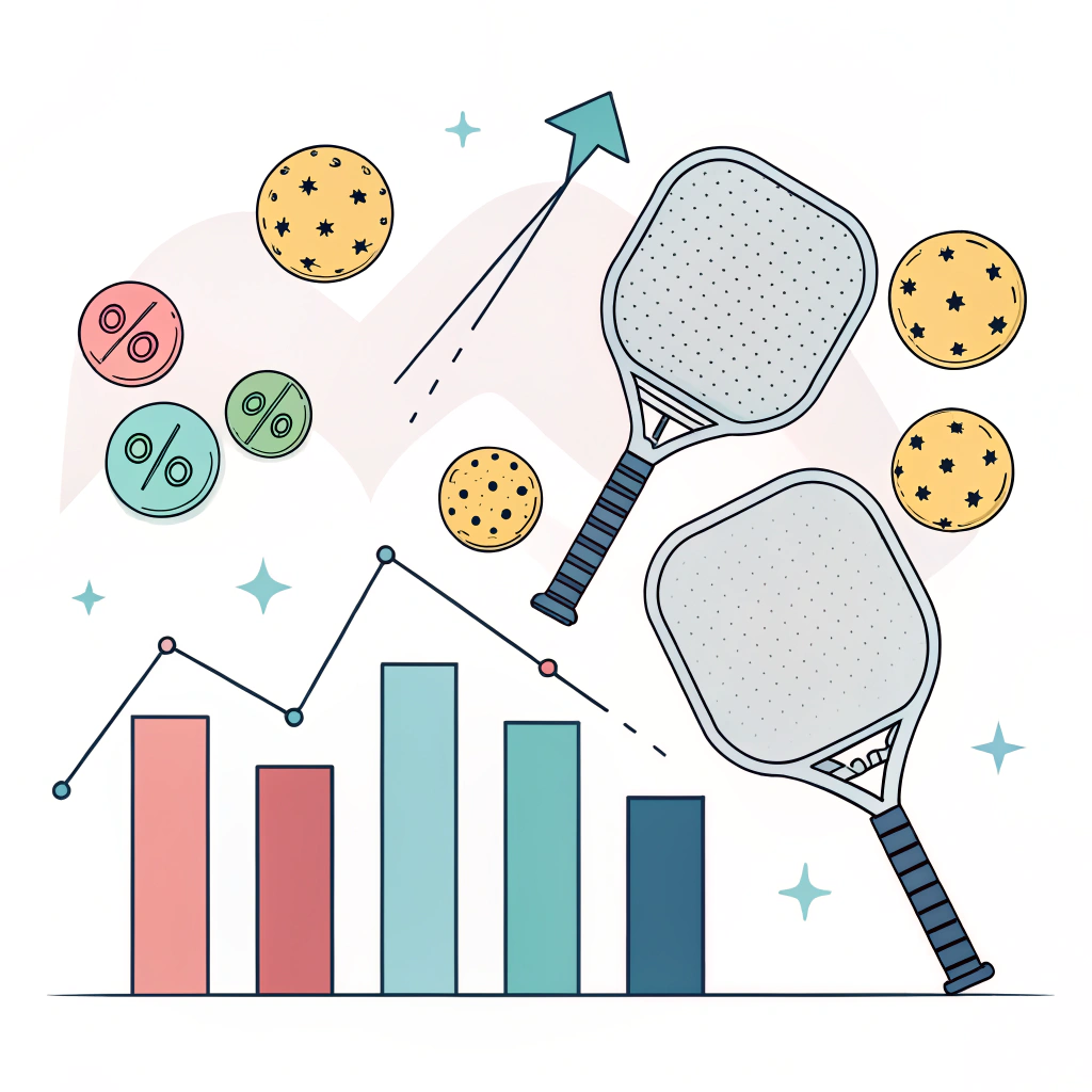 A flat 2D illustration showing pickleball, tech innovation, and community engagement elements in a vibrant style.
