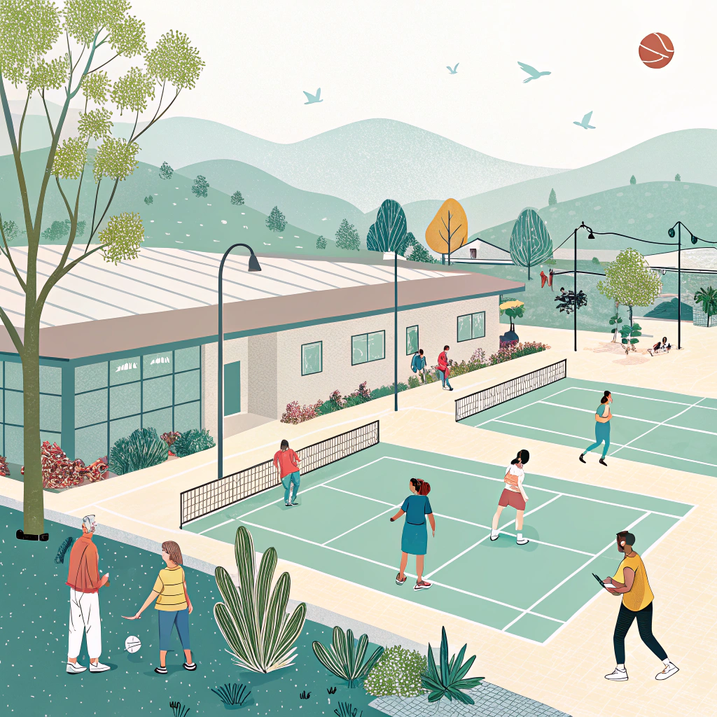 Minimalist illustration of diverse community members enjoying pickleball at a modern facility