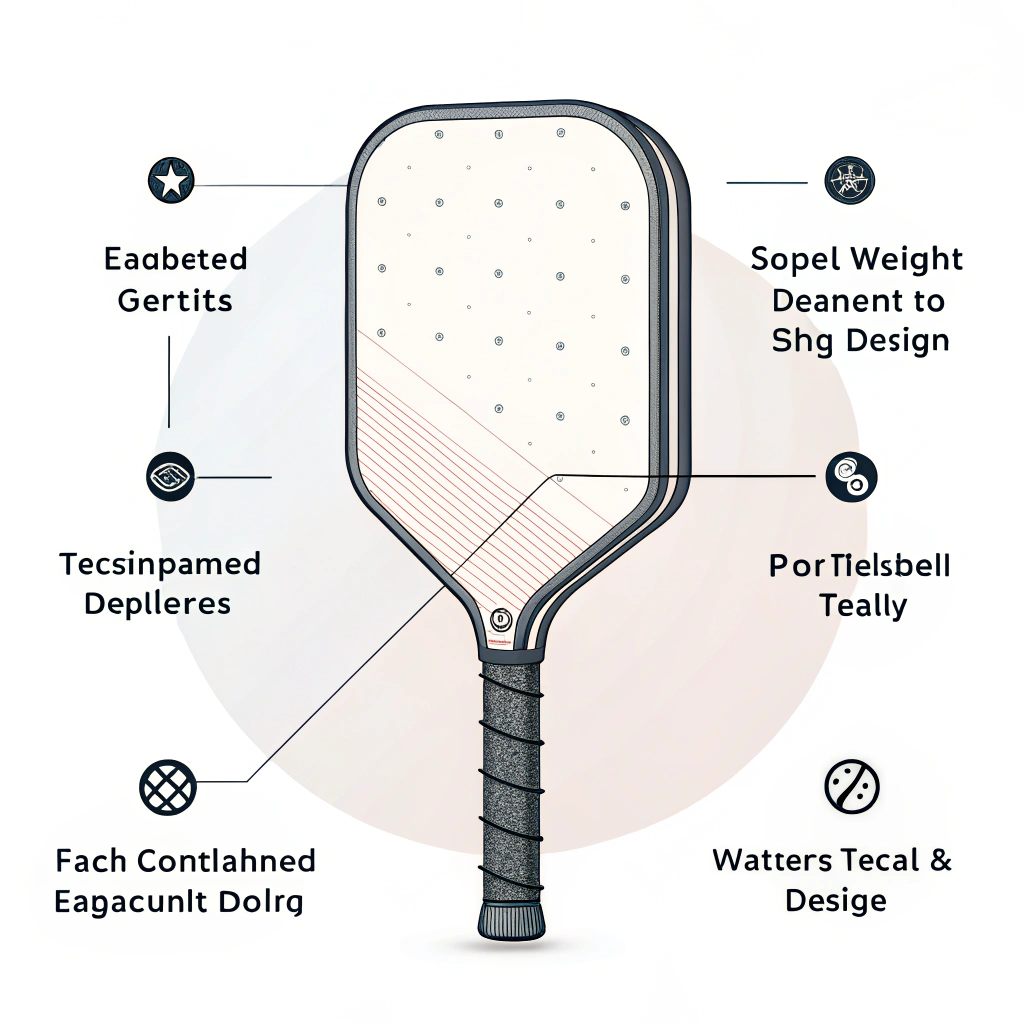 Minimal illustration emphasizing ergonomic and custom design features on a pickleball paddle