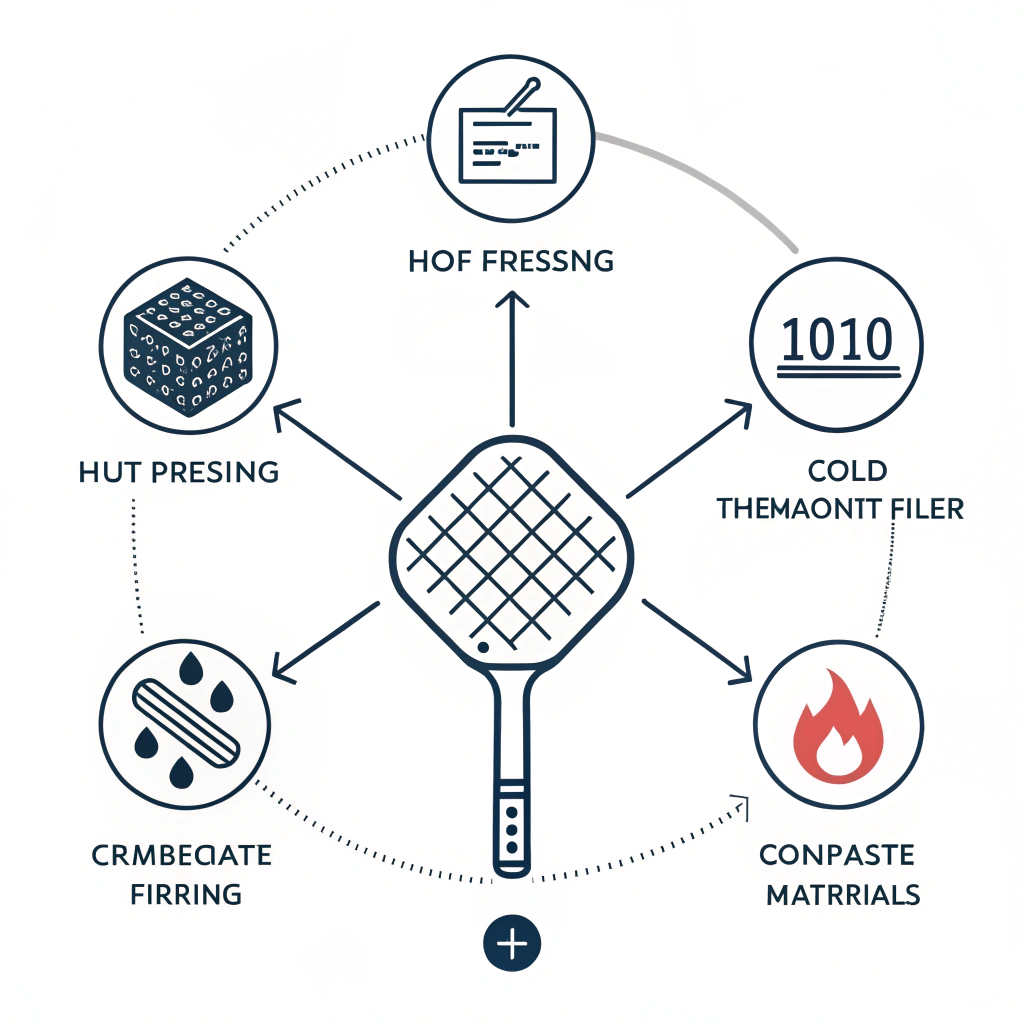 A clean, flat-design illustration showing production processes and material components for pickleball paddles.
