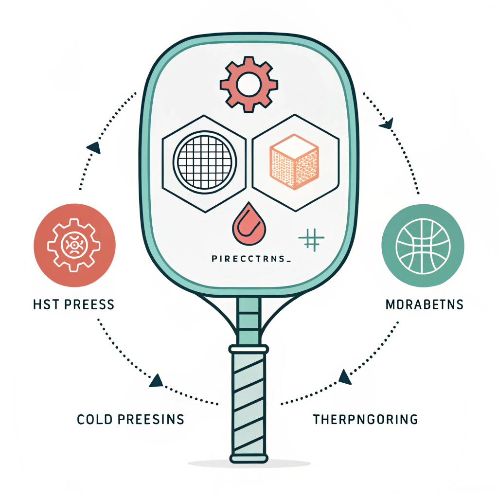 Minimalist illustration showing modern paddle manufacturing process icons in pastel tones.