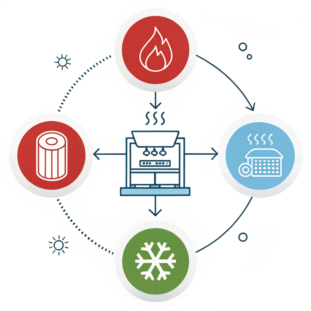 Simple 2D diagram of hot pressing, cold pressing, and thermoforming processes